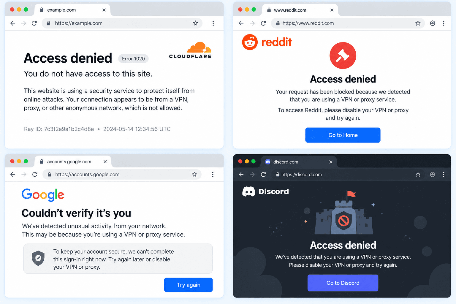 Example of a website blocking access when using a VPN