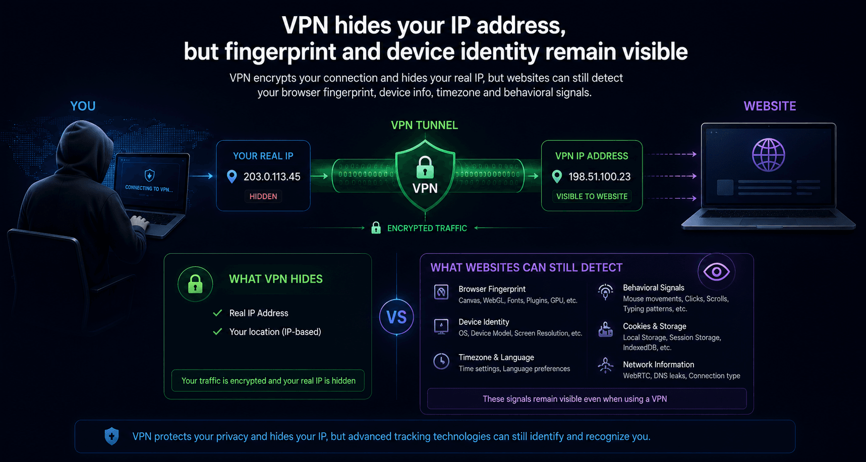 VPN hides IP address but browser fingerprint and device identity remain detectable