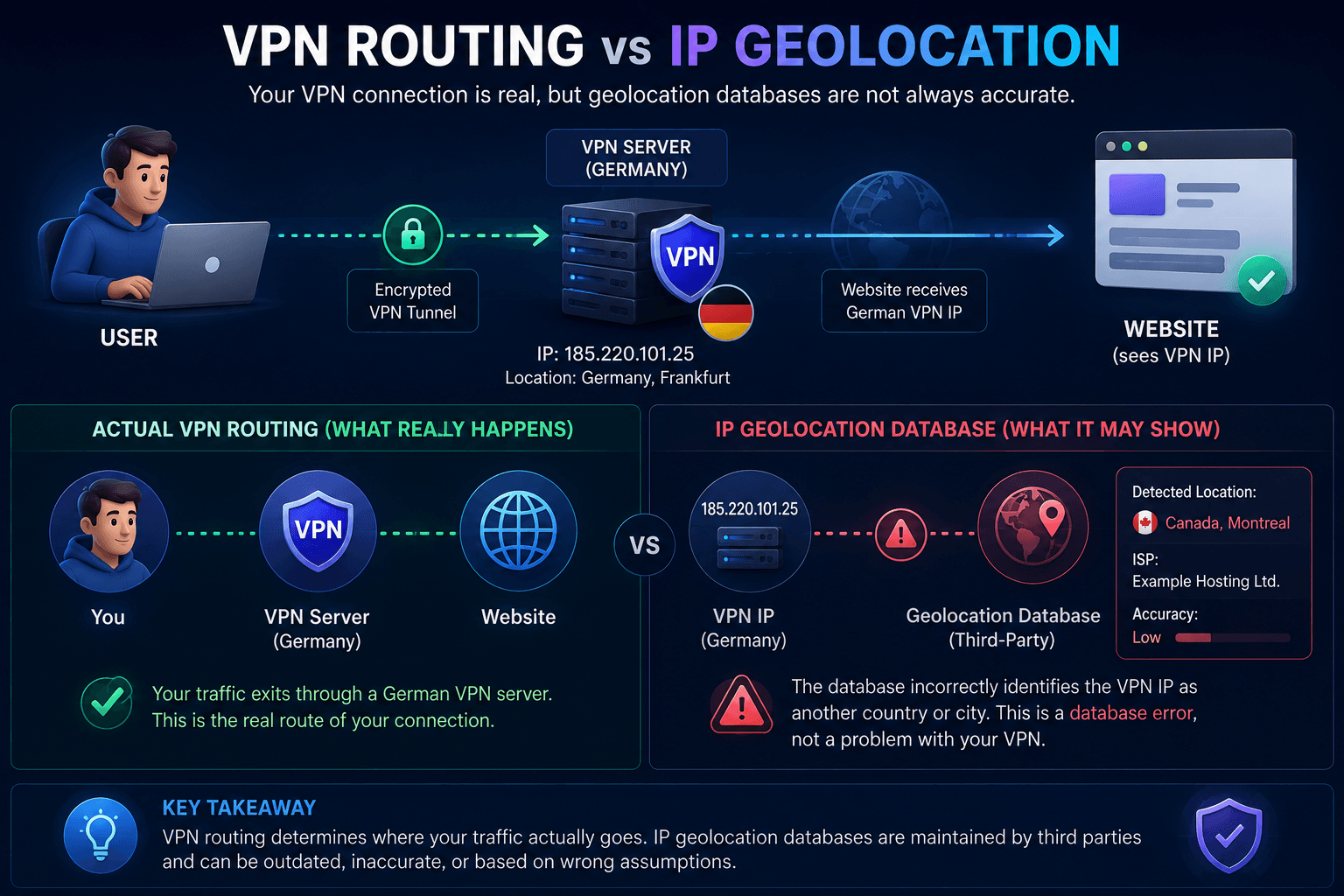 One VPN IP compared across multiple geolocation databases