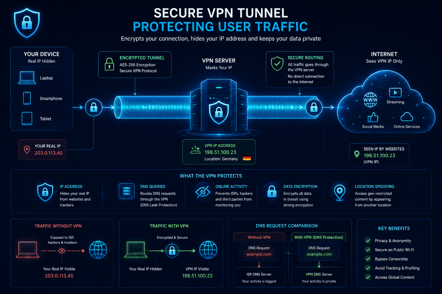VPN tunnel encrypting traffic and hiding the user's IP address
