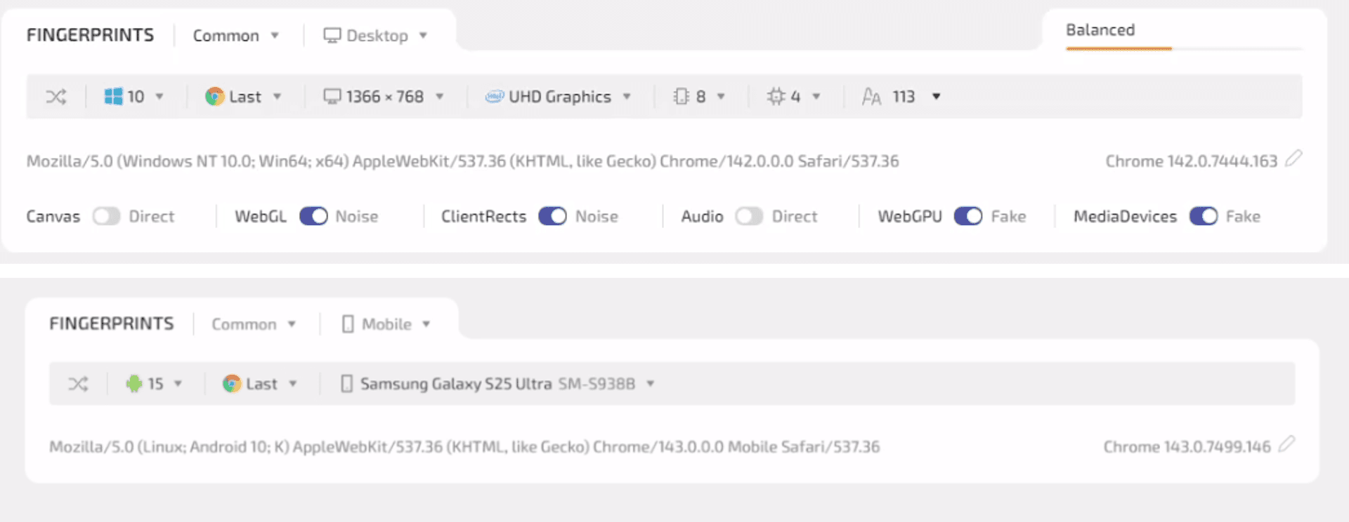 WadeX antidetect browser interface with desktop and mobile fingerprint profile selection