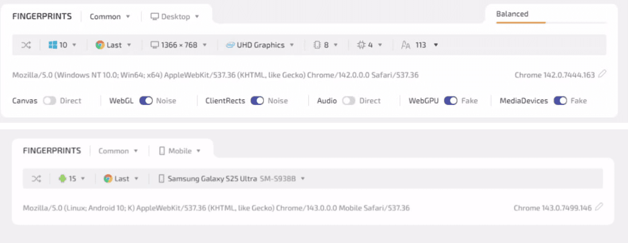 Selecting desktop or mobile browser profiles in WadeX