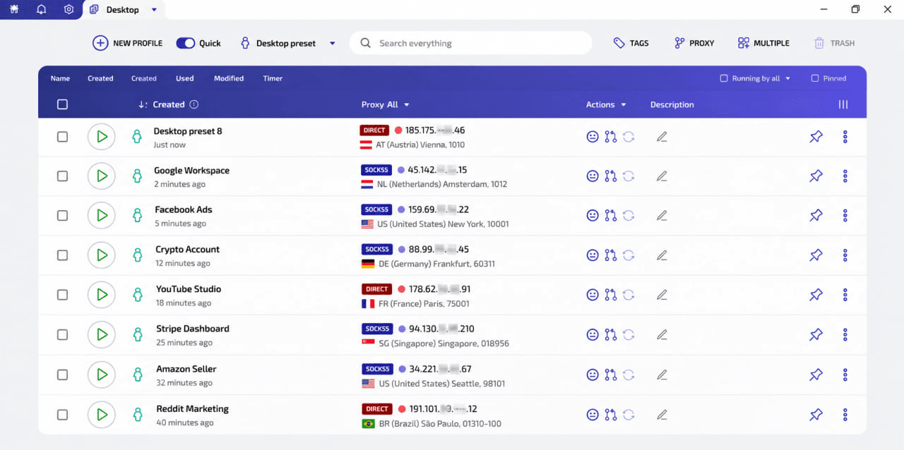 Isolated WadeX browser profiles with distinct fingerprints and proxies