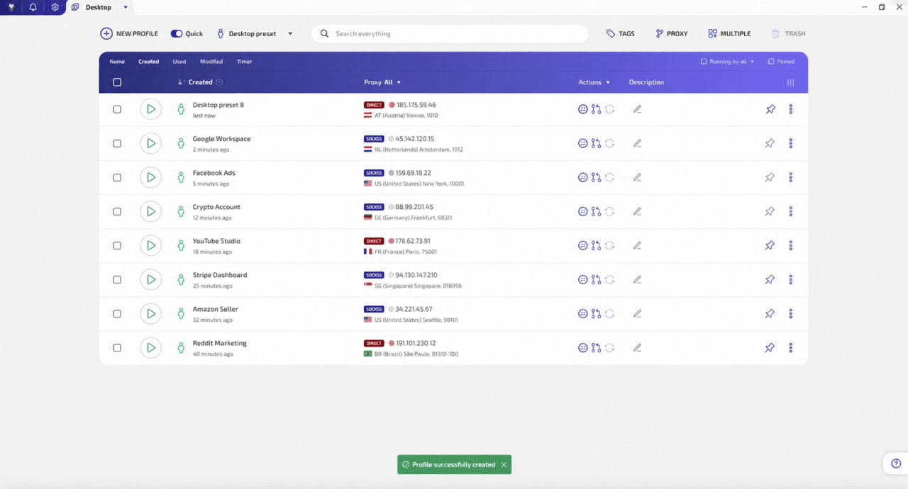 WadeX isolated browser profiles with different fingerprints and proxies