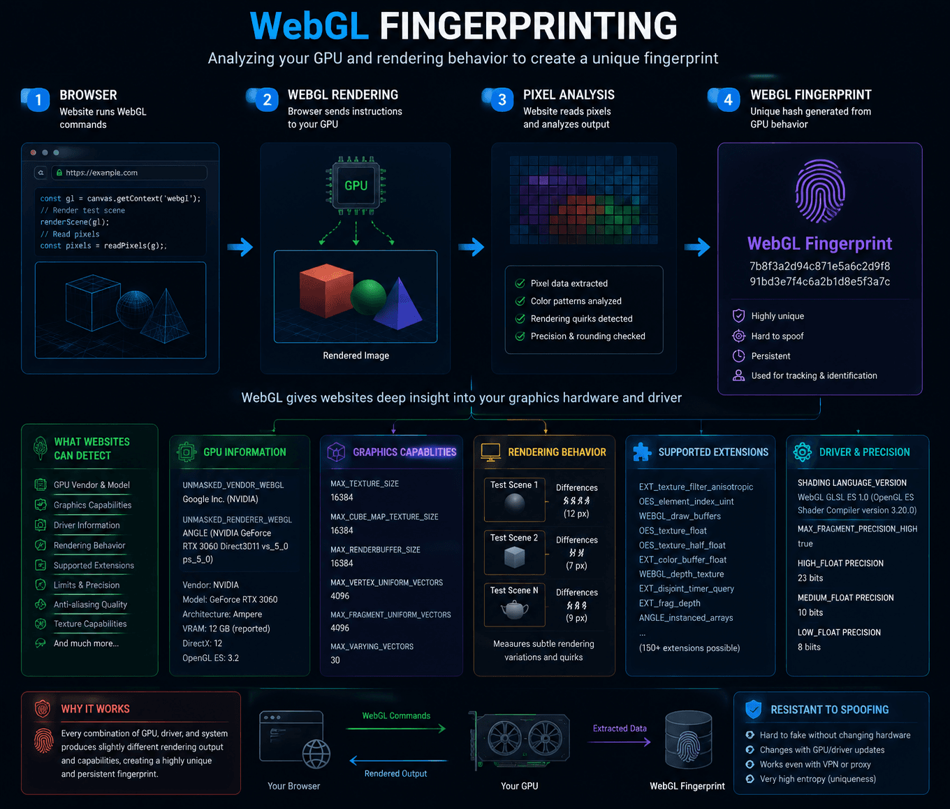WebGL Fingerprinting analyzing graphics hardware and rendering behavior