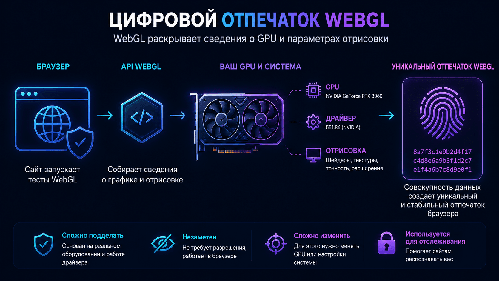 WebGL Fingerprinting анализирует сведения о GPU и графическом рендеринге