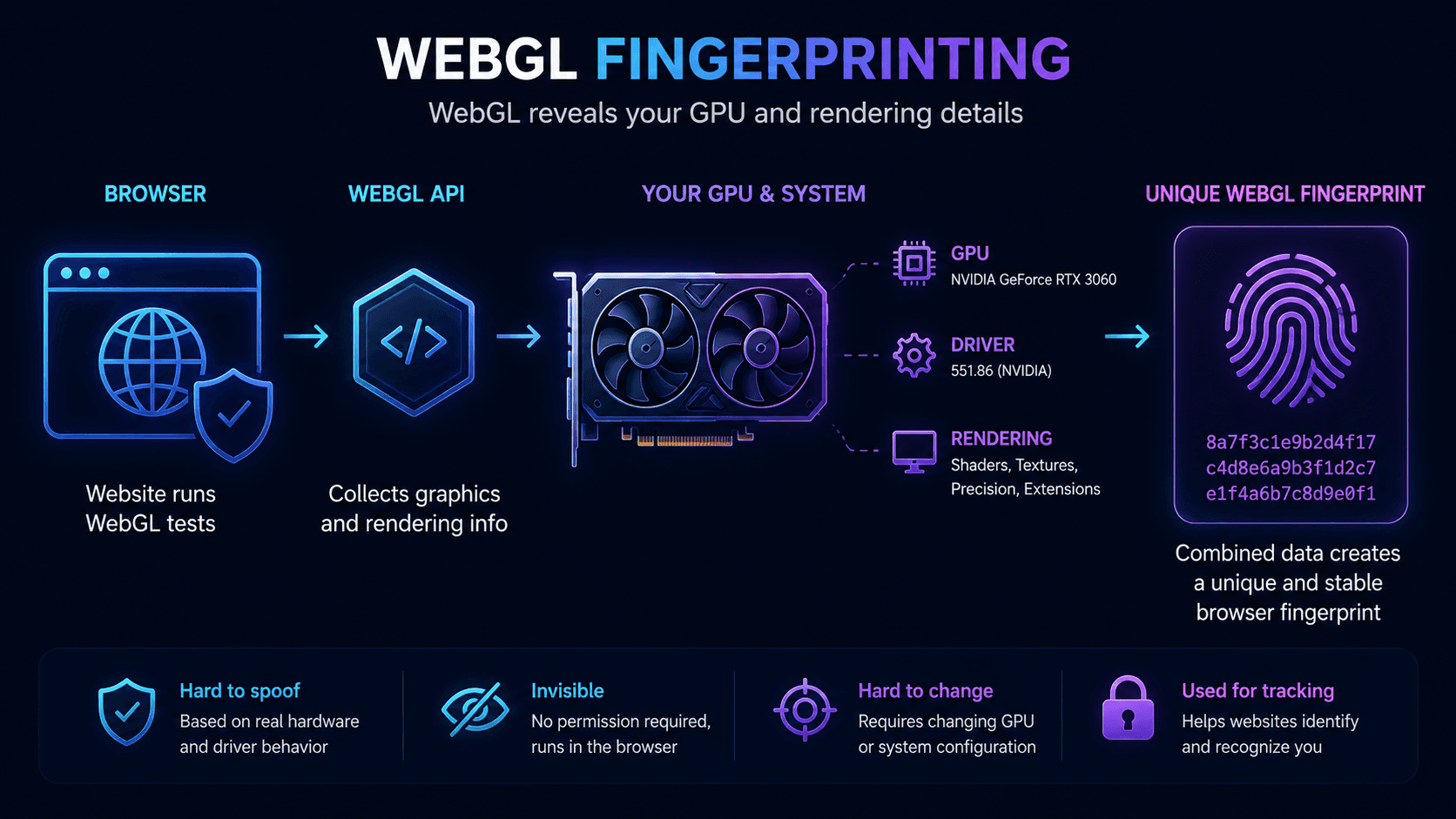 WebGL fingerprinting collecting GPU and rendering information