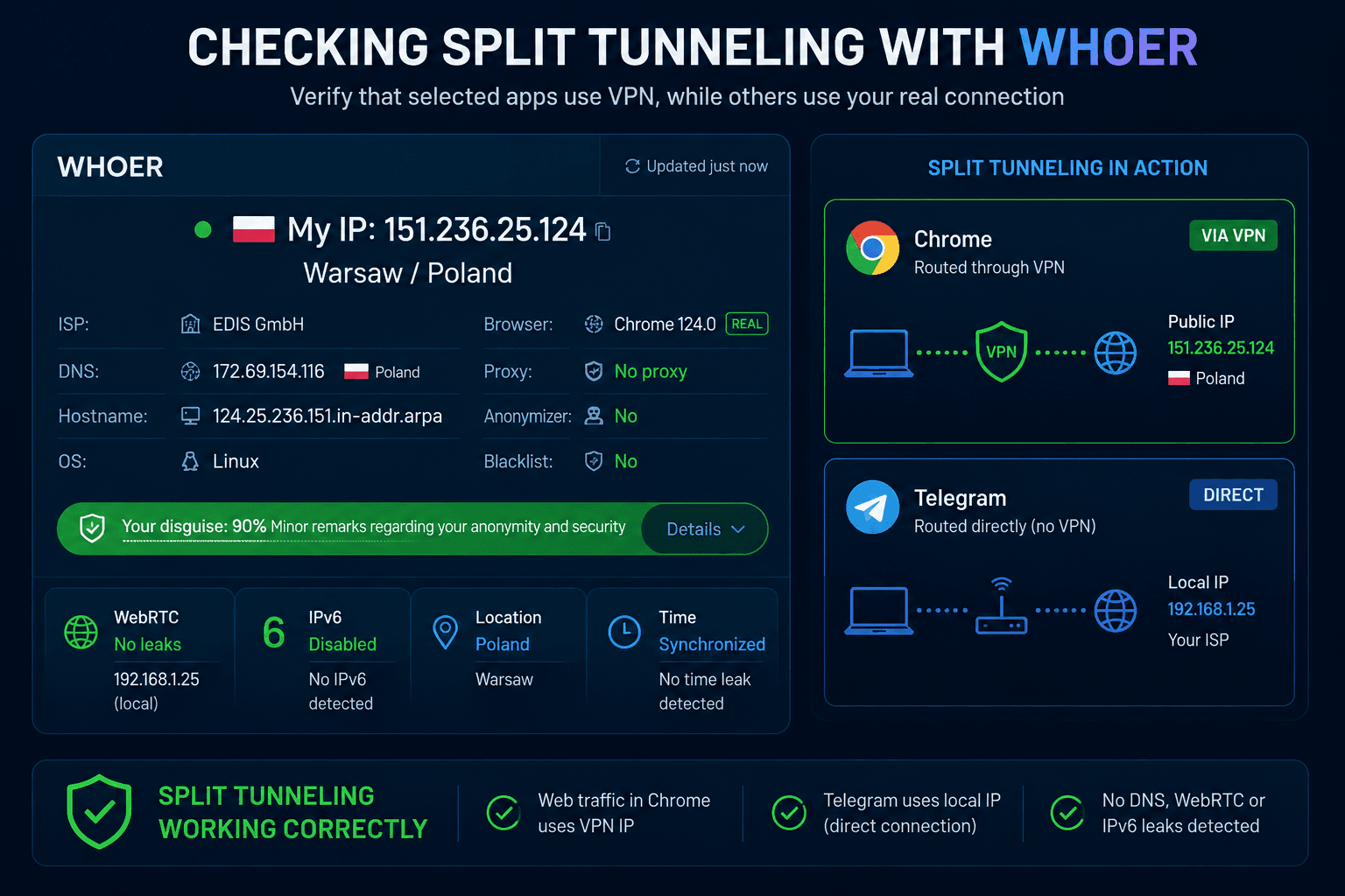 Whoer showing Public IP DNS WebRTC and IPv6 after Split Tunneling configuration