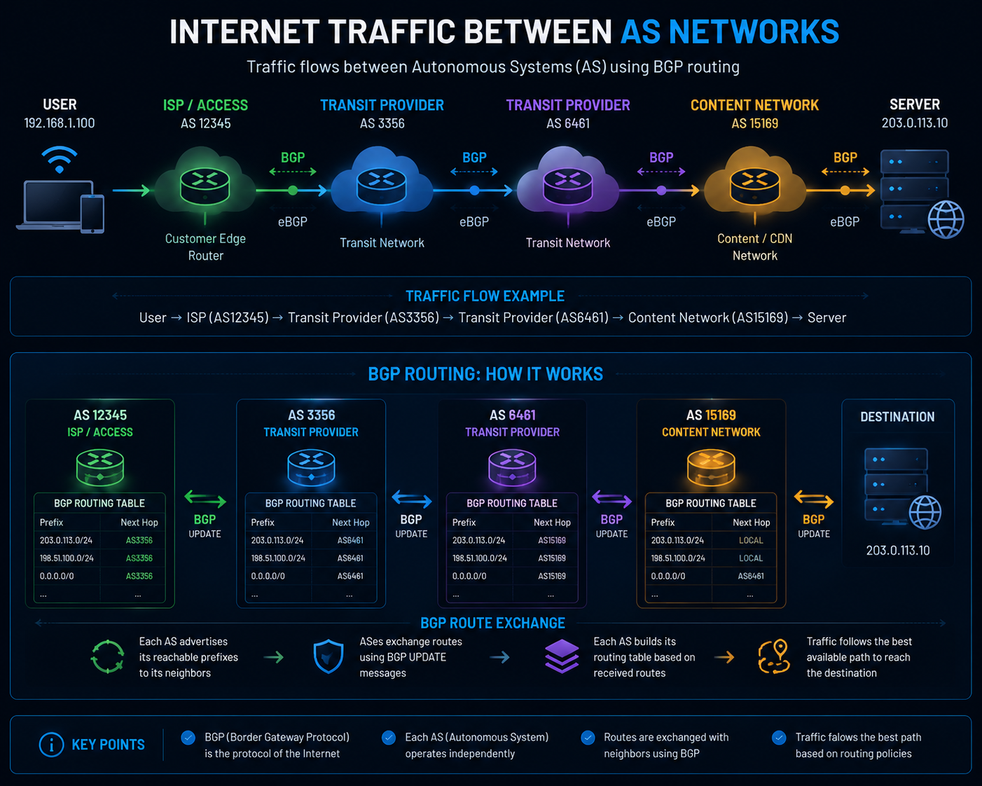 Traffic flowing between autonomous systems using BGP routing