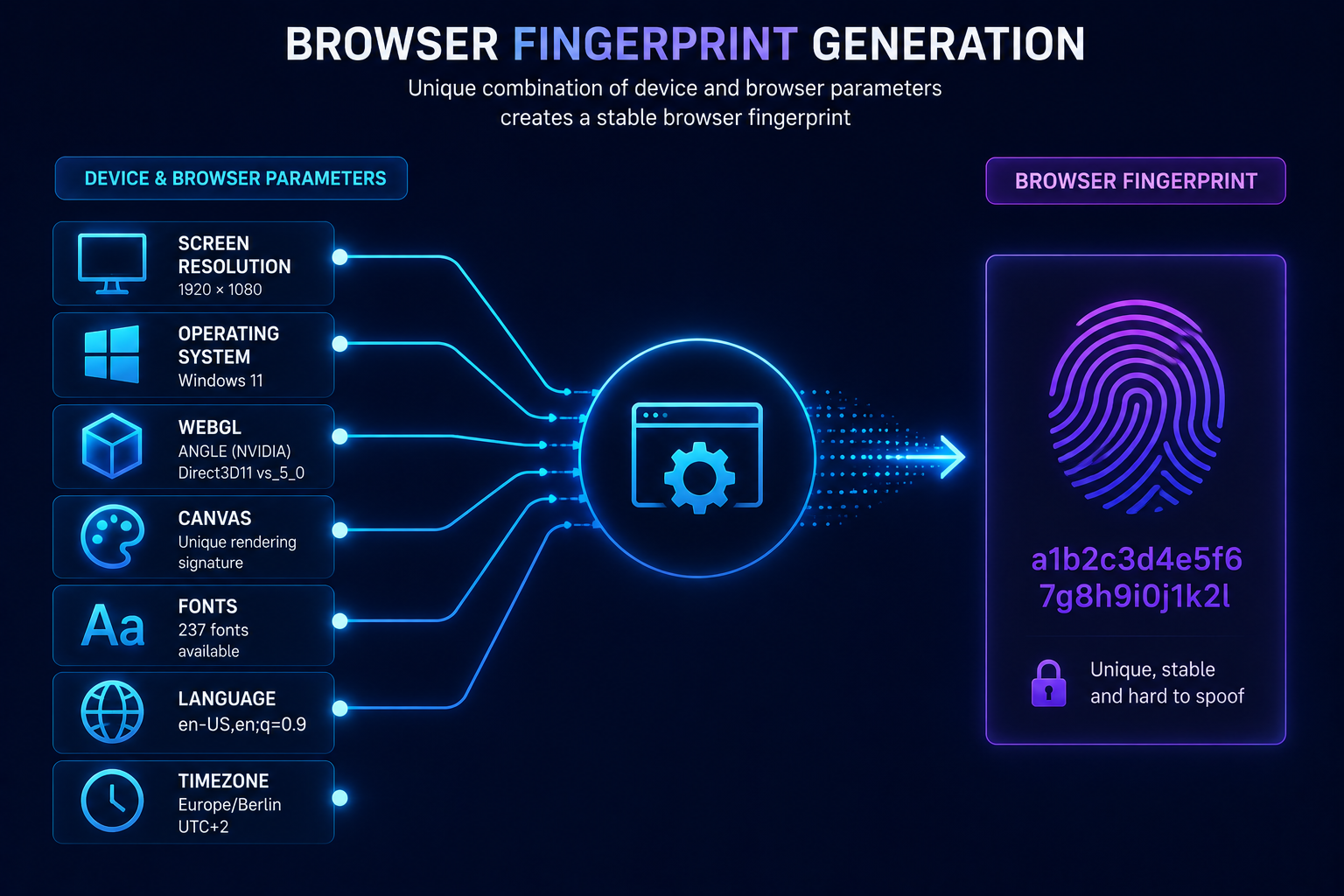 Browser fingerprint generated from device and browser parameters