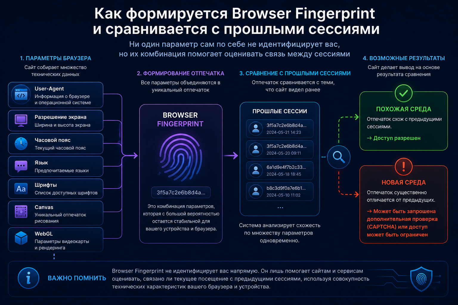 Как Browser Fingerprint формируется и используется для сравнения с предыдущими сессиями