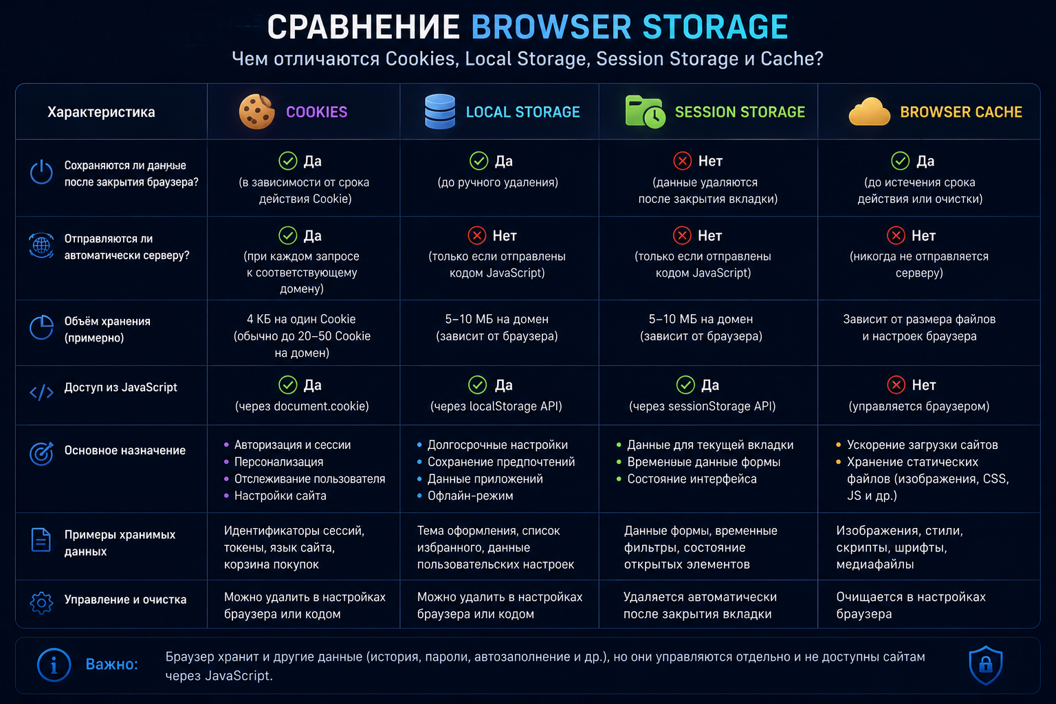 Сравнительная таблица четырех основных механизмов хранения данных браузера.