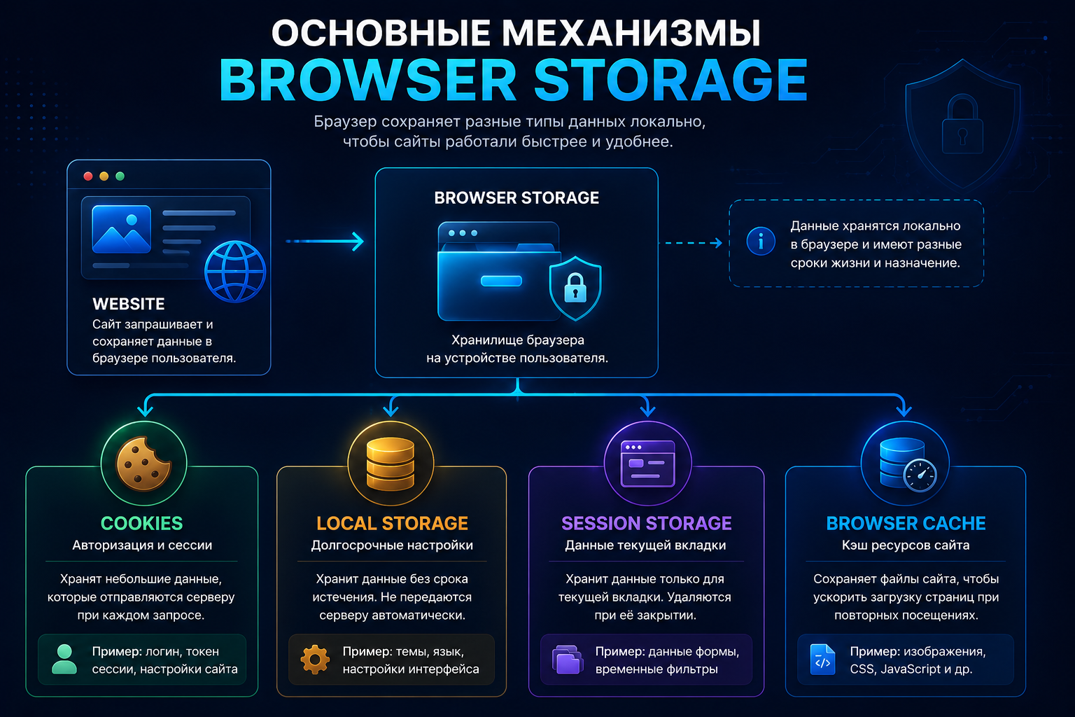 Browser storage mechanisms: Cookies, Local Storage, Session Storage, and Cache