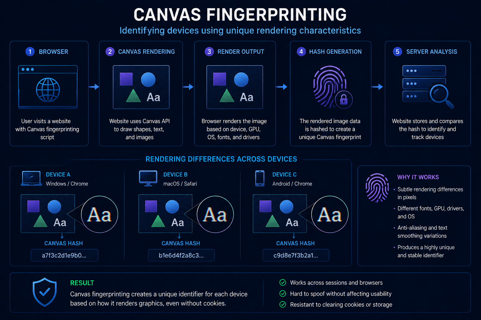 Canvas fingerprinting using browser rendering analysis