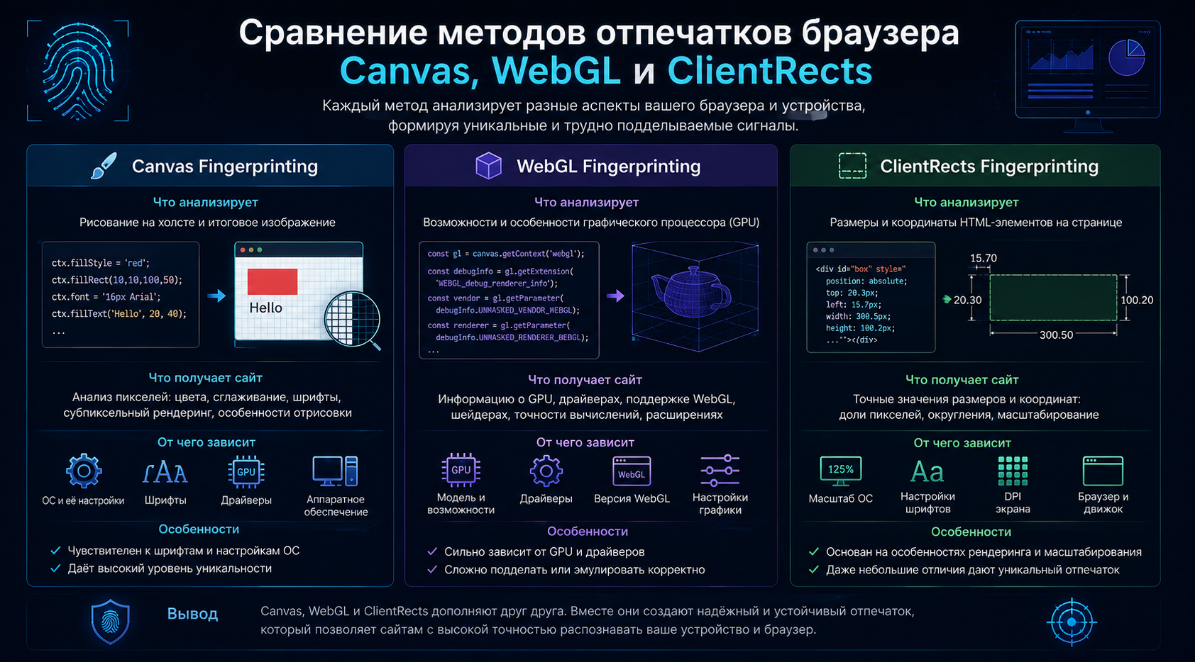 Сравнение Canvas, WebGL и ClientRects Fingerprinting
