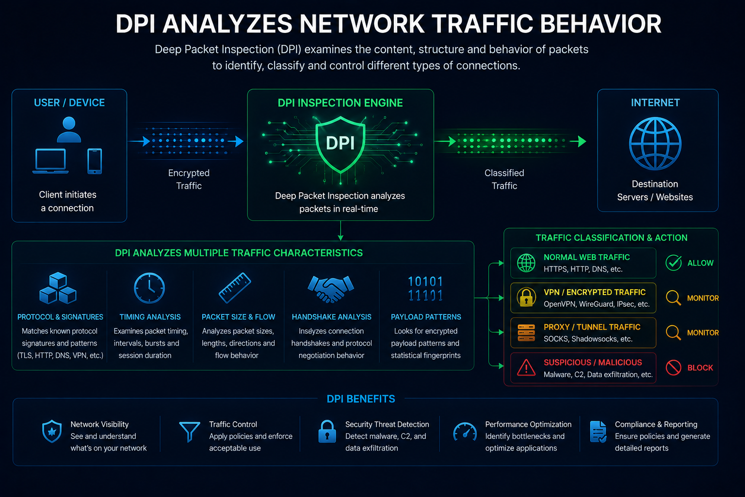 Deep Packet Inspection analyzing network traffic behavior and classifying connections