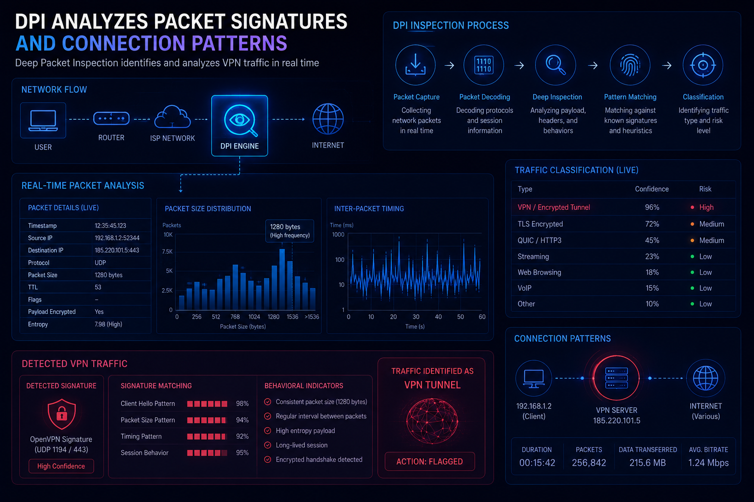 DPI system analyzing VPN packet signatures and connection patterns