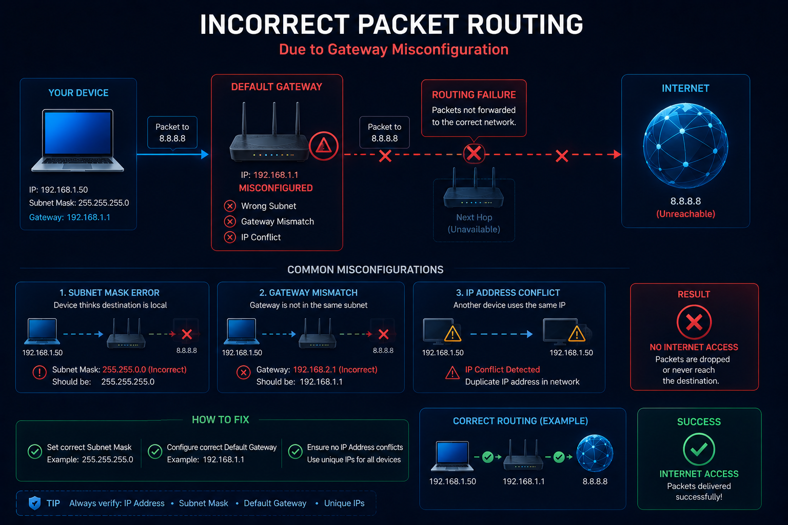 Incorrect network routing caused by gateway or subnet misconfiguration