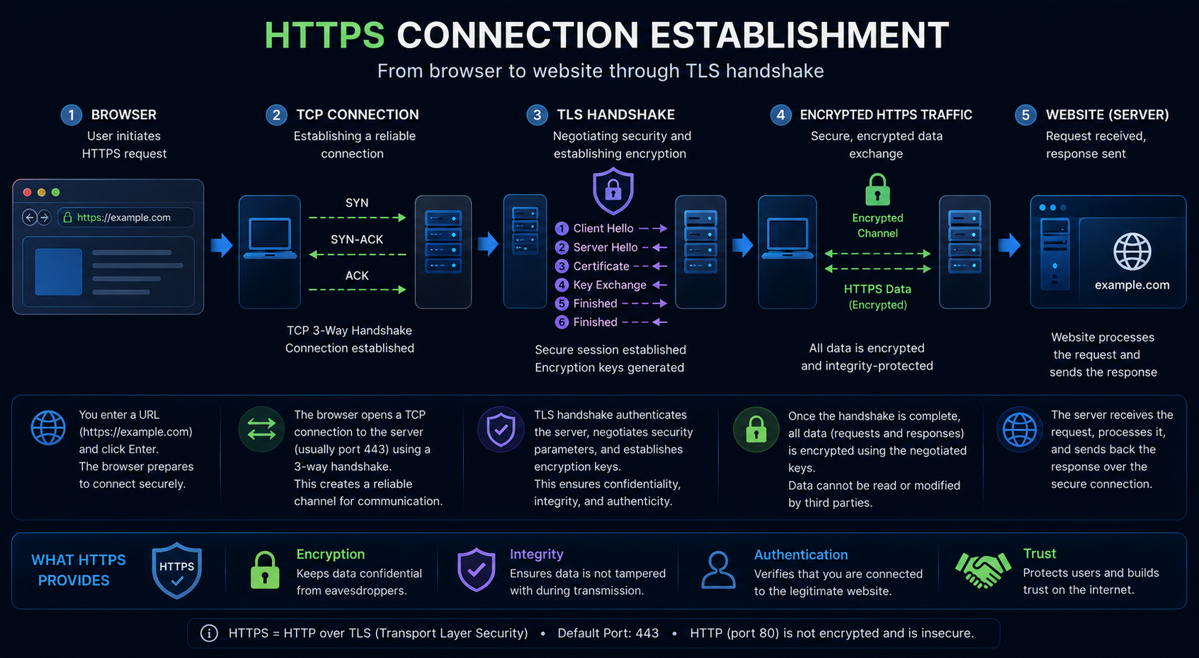 HTTPS connection establishment from browser to website through TLS Handshake