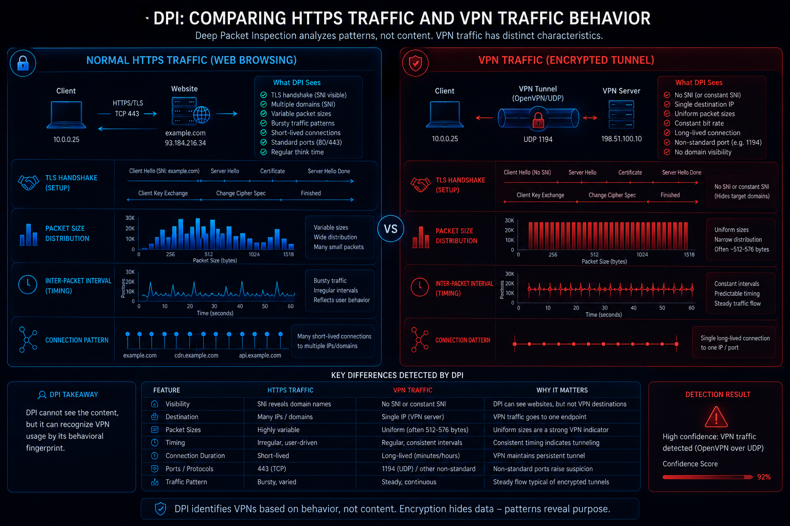 Comparison between normal HTTPS traffic and VPN traffic behavior