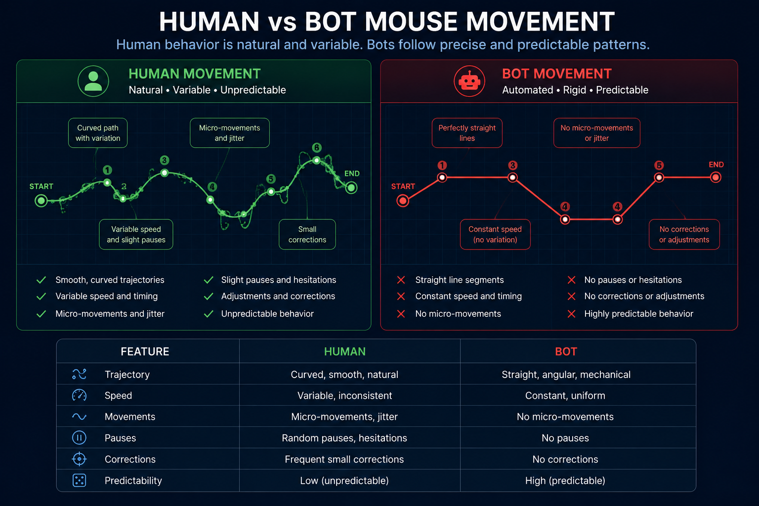 Comparison of human mouse movement and automated bot cursor behavior