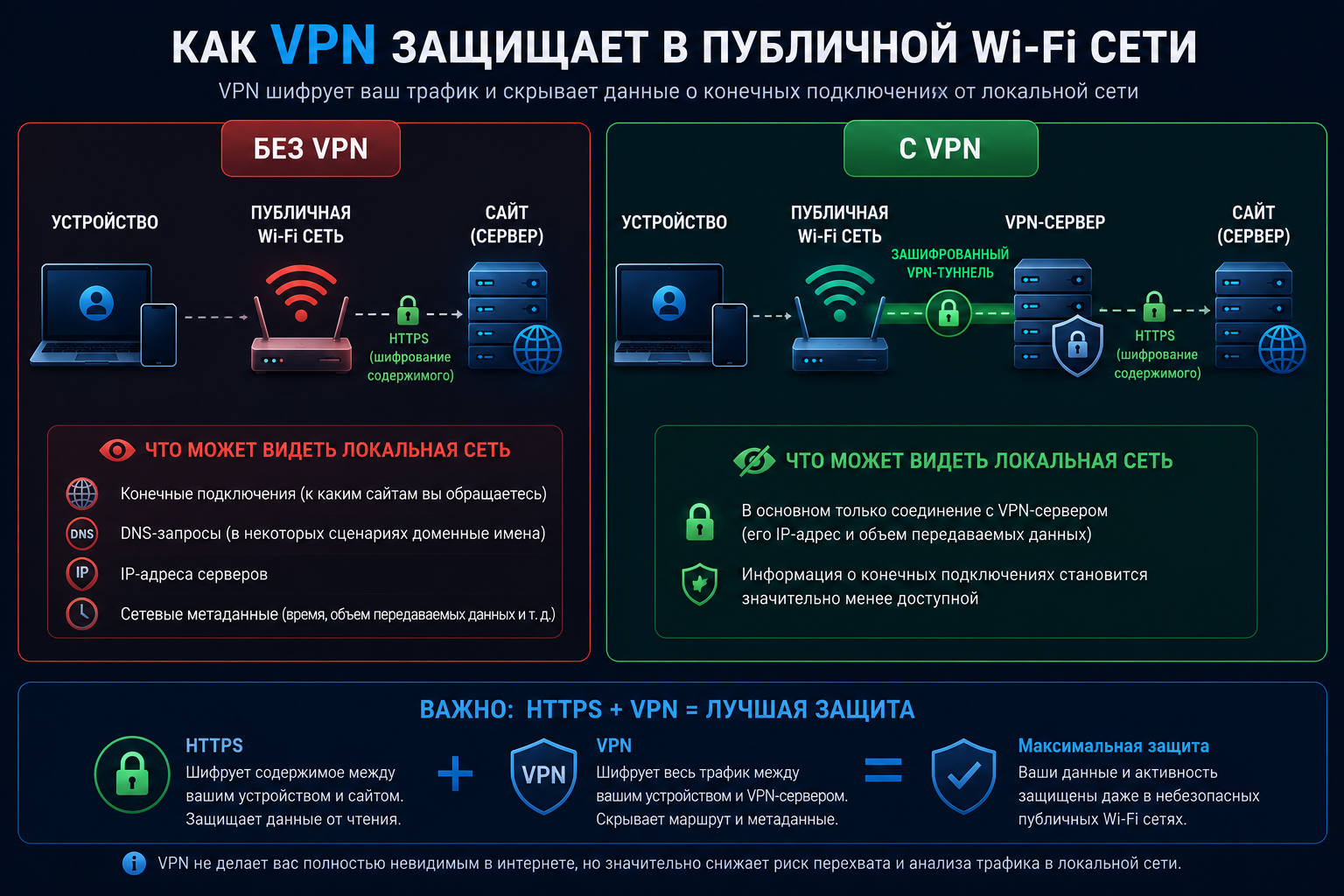 Сравнение подключения к сайту без VPN и через VPN в публичной Wi-Fi сети