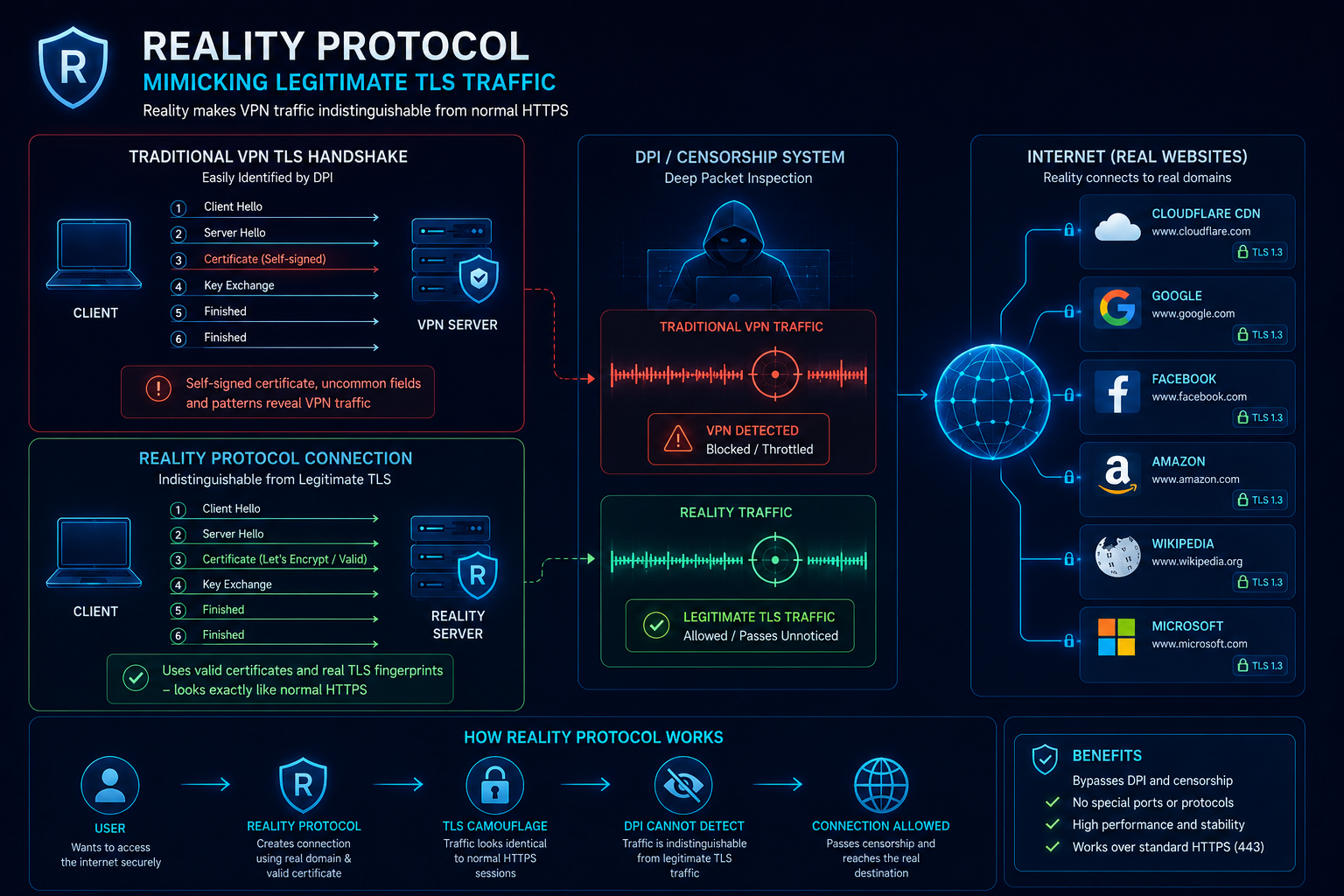 Reality protocol imitating legitimate TLS website traffic