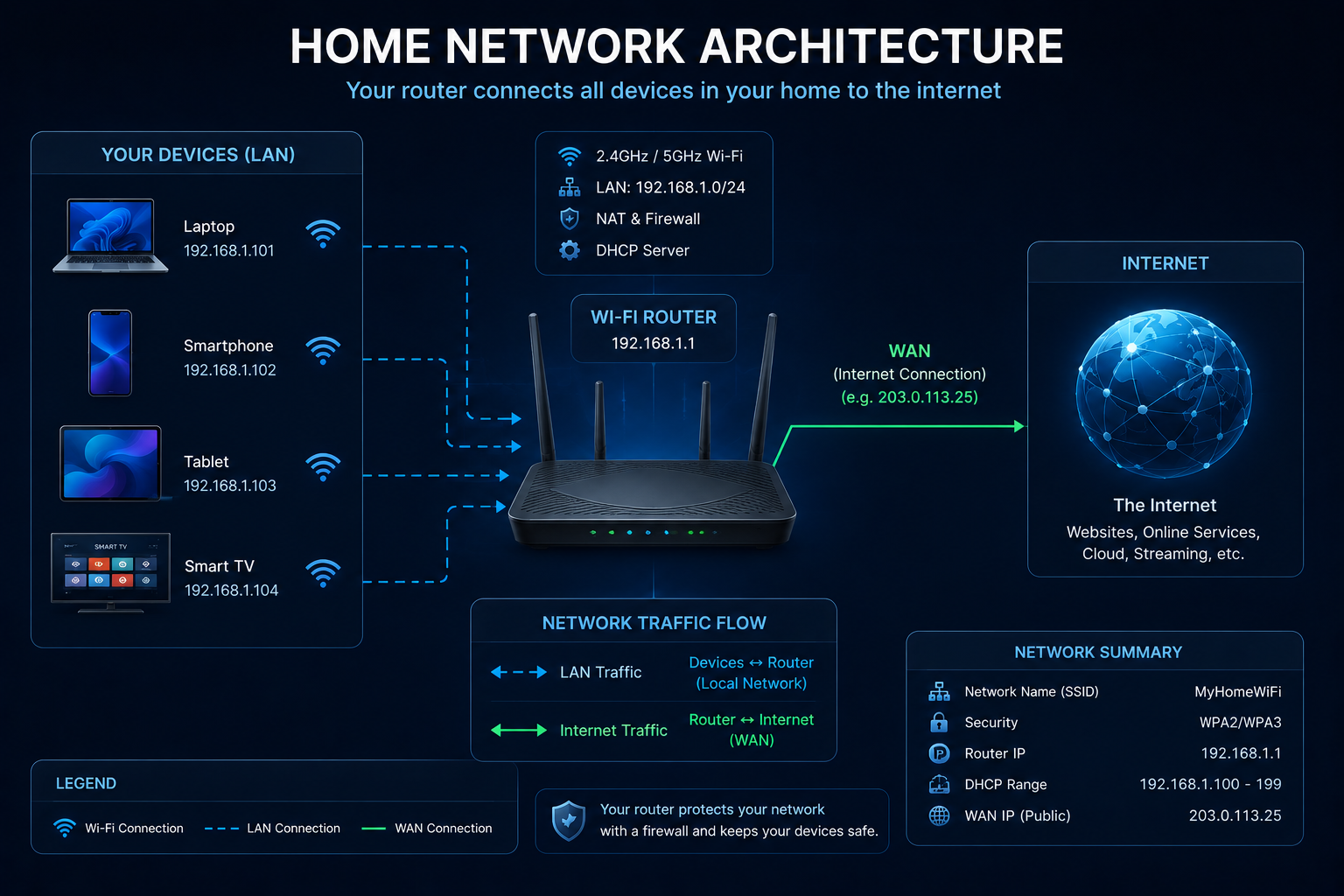 Home network showing router connecting devices to the internet