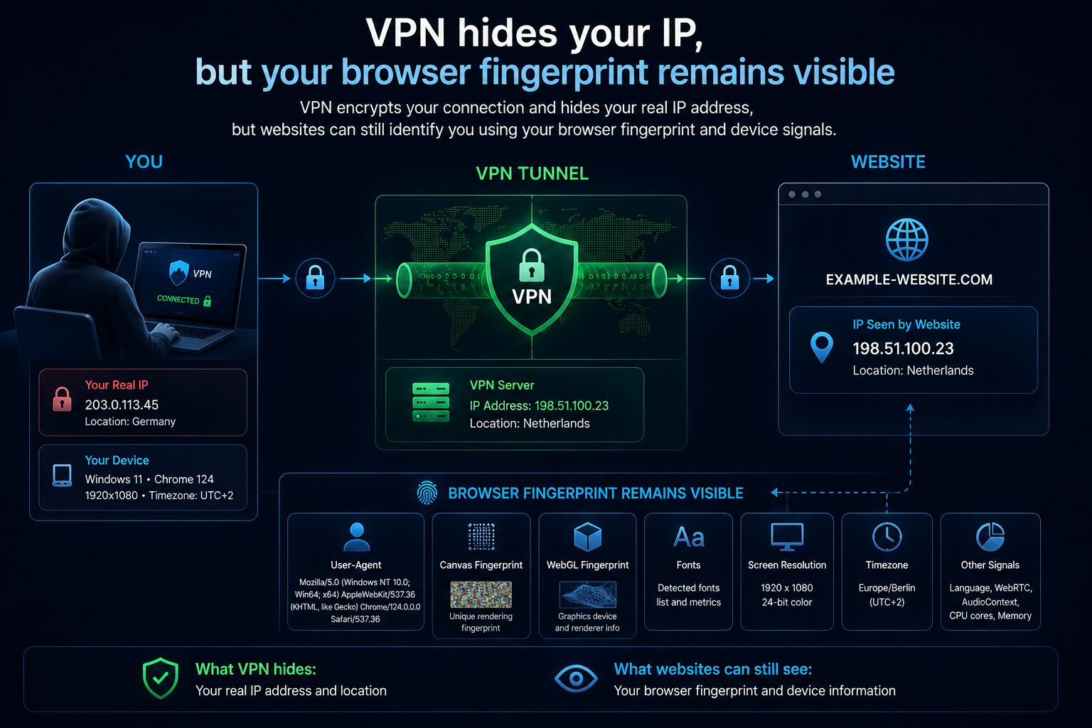VPN hiding IP address while browser fingerprint remains visible