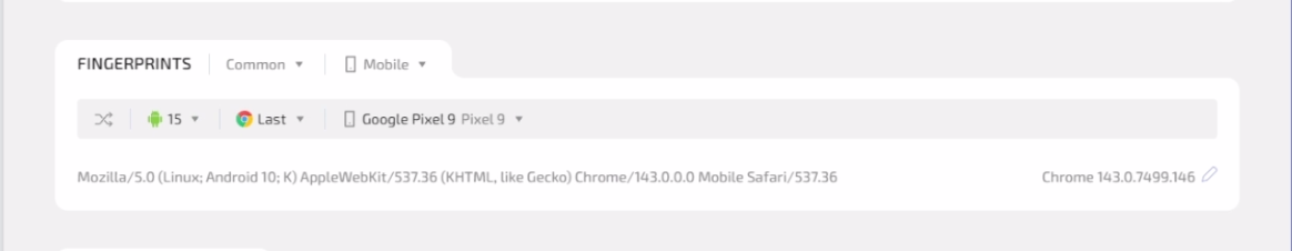 Android mobile browser profile with mobile user agent and device parameters