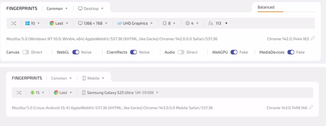 Selecting desktop or mobile browser profiles in WadeX
