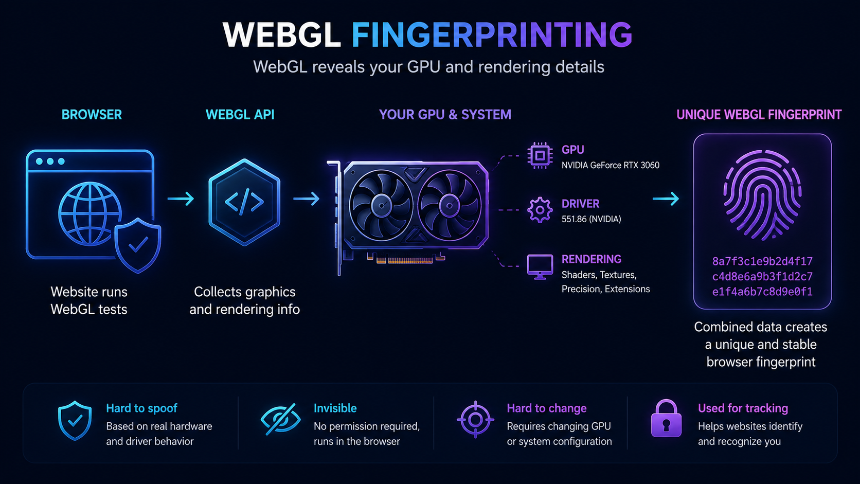 WebGL fingerprinting collecting GPU and rendering information